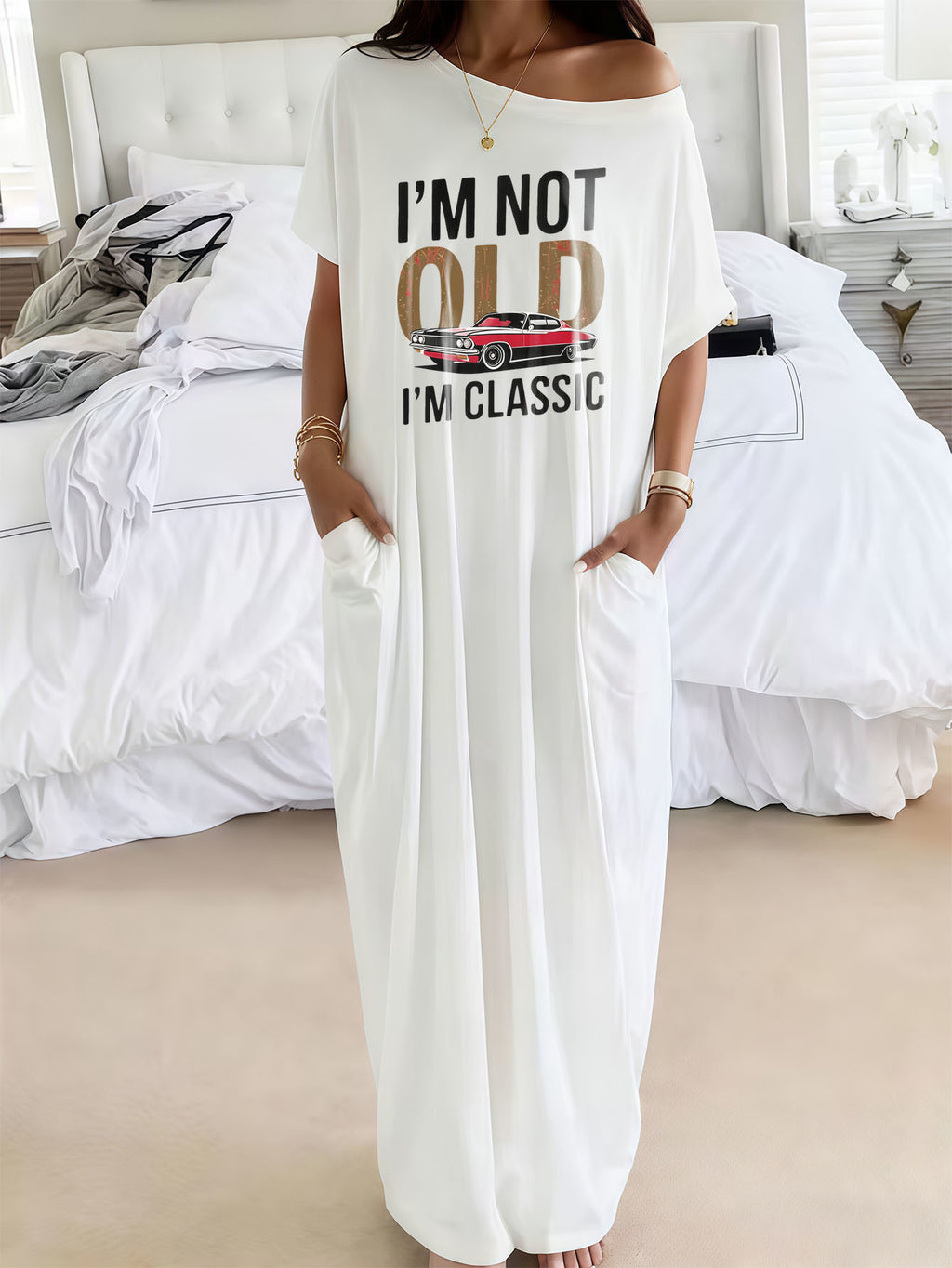 Classic Car Print Maxi Dress Women Off Shoulder Short Sleeve Pocket Casual Long Dress Novelty Gift Dress S-XXL