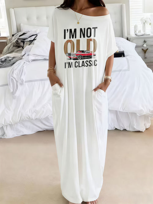 Classic Car Print Maxi Dress Women Off Shoulder Short Sleeve Pocket Casual Long Dress Novelty Gift Dress S-XXL