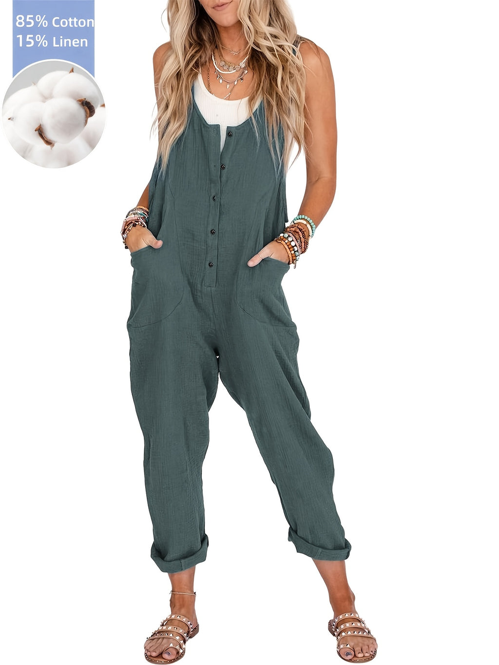 Linen Overalls Women Loose Casual Backless Jumpsuit with Pockets Sleeveless Scoop Neck Spring Summer Fall Multi Colors XS-XXL