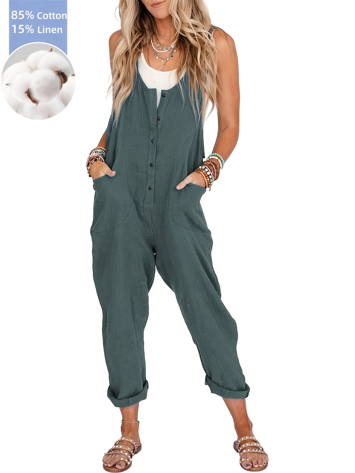Linen Overalls Women Loose Casual Backless Jumpsuit with Pockets Sleeveless Scoop Neck Spring Summer Fall Multi Colors XS-XXL