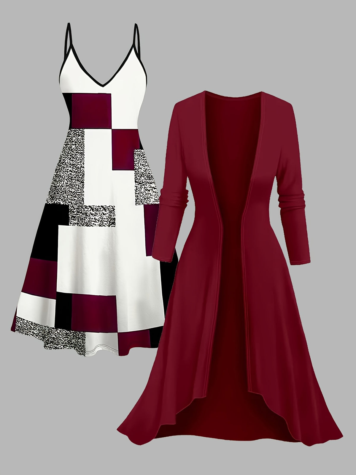Printed Dress & Long Coat 2-Piece Set for Women – Elegant Fashionable Graphic Dress with Solid Color Longline Cardigan Coat, Chic Casual Outfit