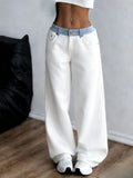High Waist Straight Jeans Women Colorblock Letter Tape Decoration Splicing Casual Commute Trousers Spring Summer Chic