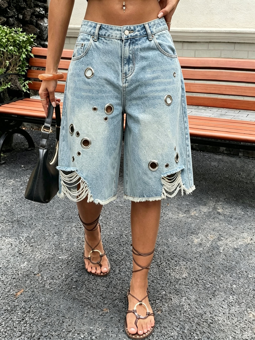 Ripped Denim Shorts Women Street Style Metal Eyelet Detail Sky Blue Casual Edgy Jean Shorts Summer Fashion