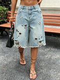 Ripped Denim Shorts Women Street Style Metal Eyelet Detail Sky Blue Casual Edgy Jean Shorts Summer Fashion