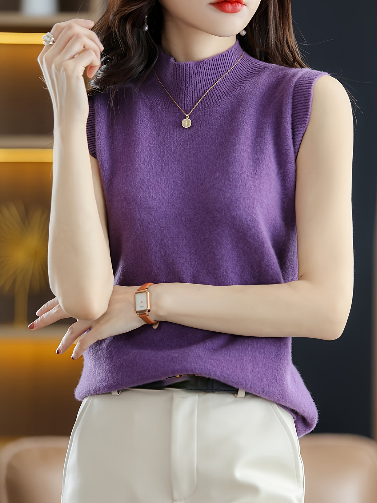 Mock Neck Sleeveless Vest Top Women Slim Fit Solid Color Short Cropped Spring Summer Casual Festive Tank Top for Women