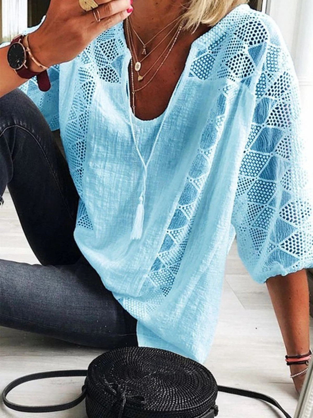 Lace Patchwork U-Neck Blouse Women Three-Quarter Sleeve Loose Fashion Top Elegant Casual Feminine Spring Summer Chic Shirt