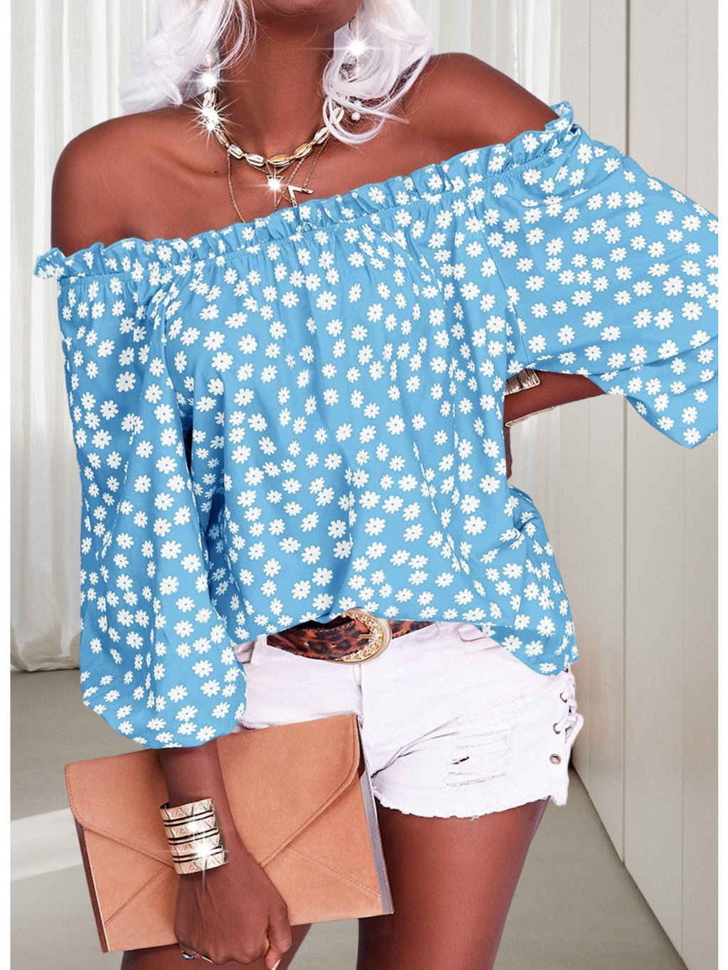 Floral Off Shoulder Chiffon Blouse Women 3/4 Sleeve Casual Summer Top Shirt 10 Colors S-XXL