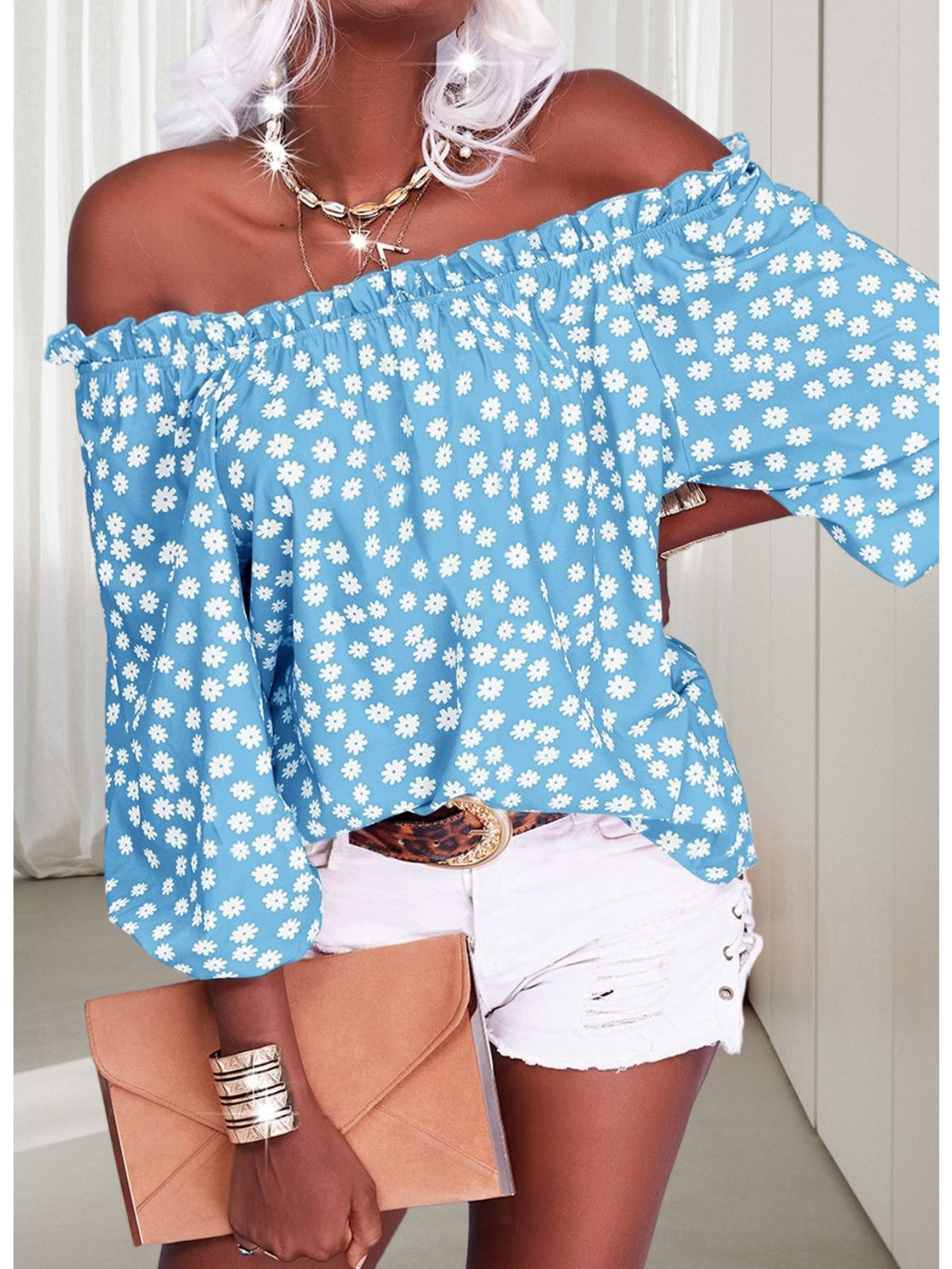 Floral Off Shoulder Chiffon Blouse Women 3/4 Sleeve Casual Summer Top Shirt 10 Colors S-XXL