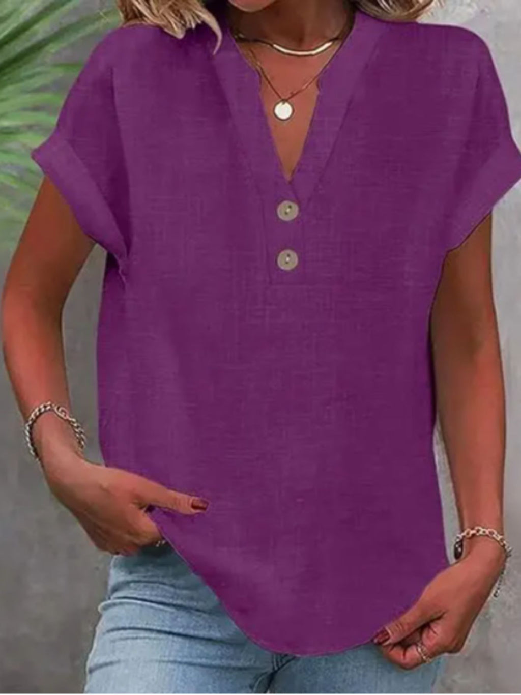 V-Neck Button Placket Tee Women Solid Color Short Sleeve Casual Summer Top Lightweight Breathable 15 Colors S-XXL