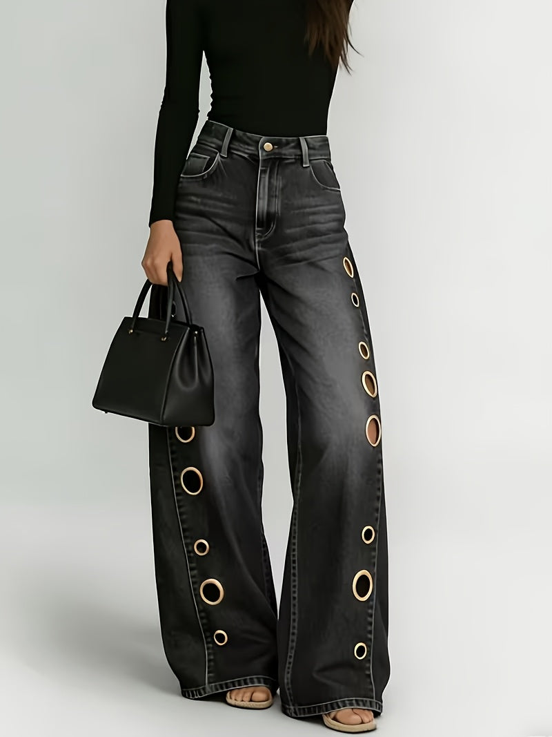 High Waist Wide Leg Jeans Women Retro Metal Eyelet Denim Pants Loose Casual Street Style Y2K Cool Streetwear