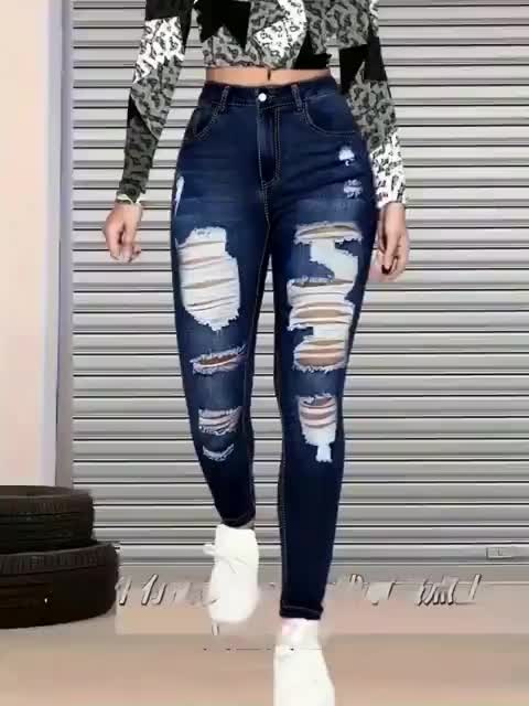 Women's High Stretch Ripped Skinny Jeans Dark Blue Slim Fit Distressed Denim Pants with Pockets Streetwear All-Season