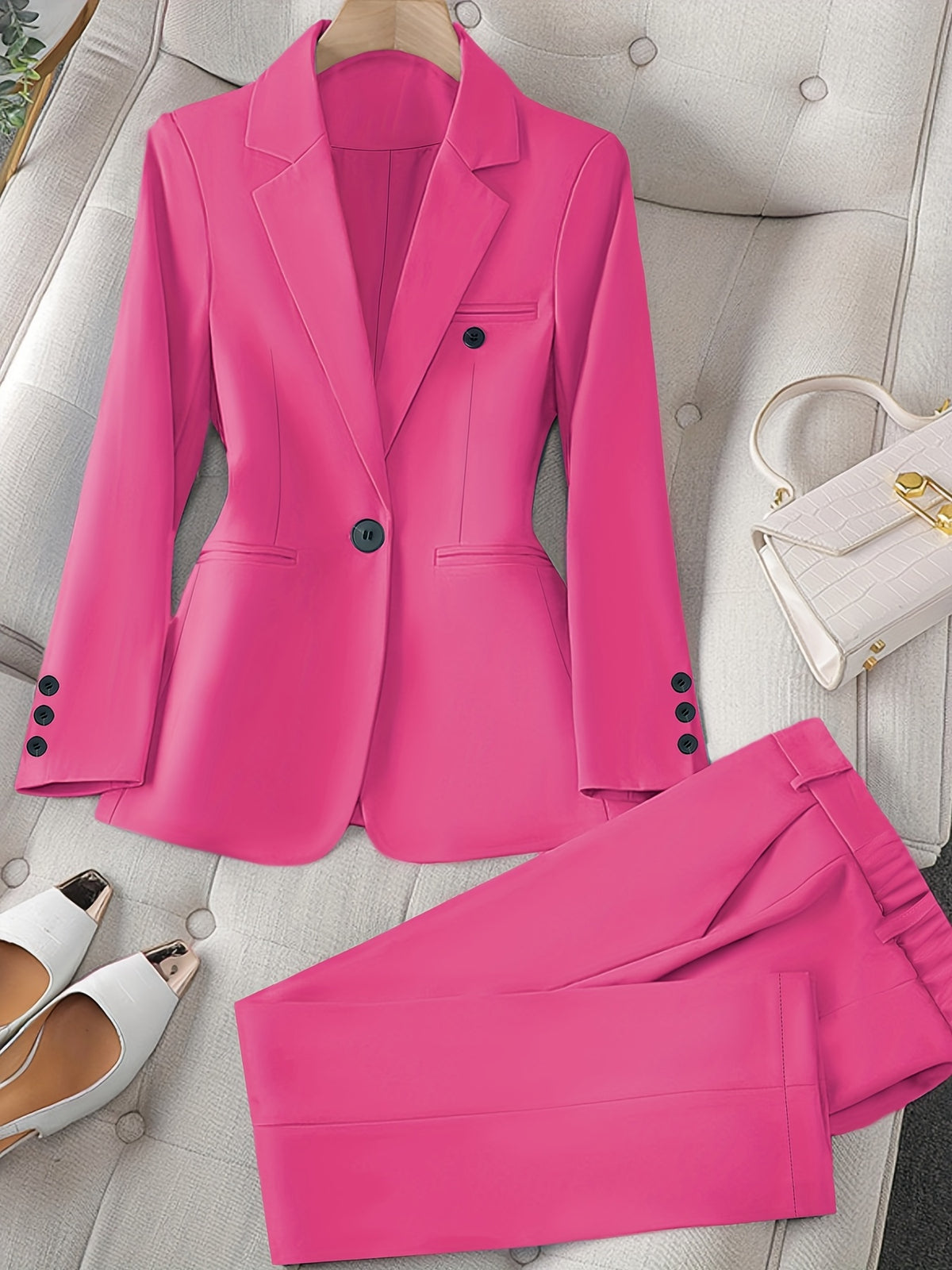 Women's 2 Piece Business Suit Set Solid Color Long Sleeve Blazer Jacket and Trousers Professional Work Outfit Elegant Pantsuit Matching Set