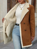 Double Breasted Faux Shearling Trim Long Coat Women Vintage Brown Winter Outerwear Warm Loose Fit S-XXL
