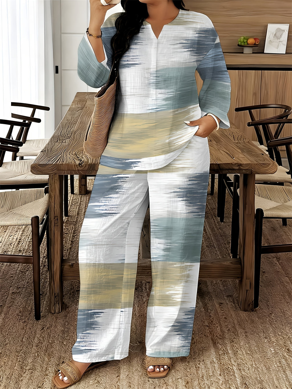 V-Neck Long Sleeve Printed Shirt Pants 2pcs Set Women Floral Digital Print Elastic Waist Casual Loungewear Spring Summer Two-Piece Outfit 15 Colors S-XXL