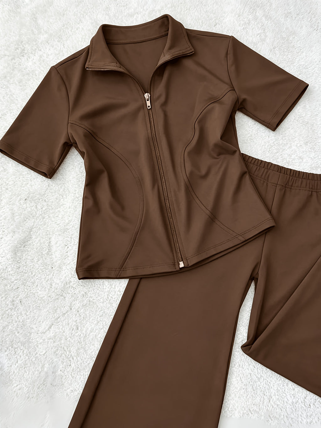 Zipper Short Sleeve Top and Flared Pants 2pcs Set for Women - High Elasticity Soft Casual Autumn Outfit, 3 Colors Matching Co-Ord Loungewear Fashion Set S-XXL