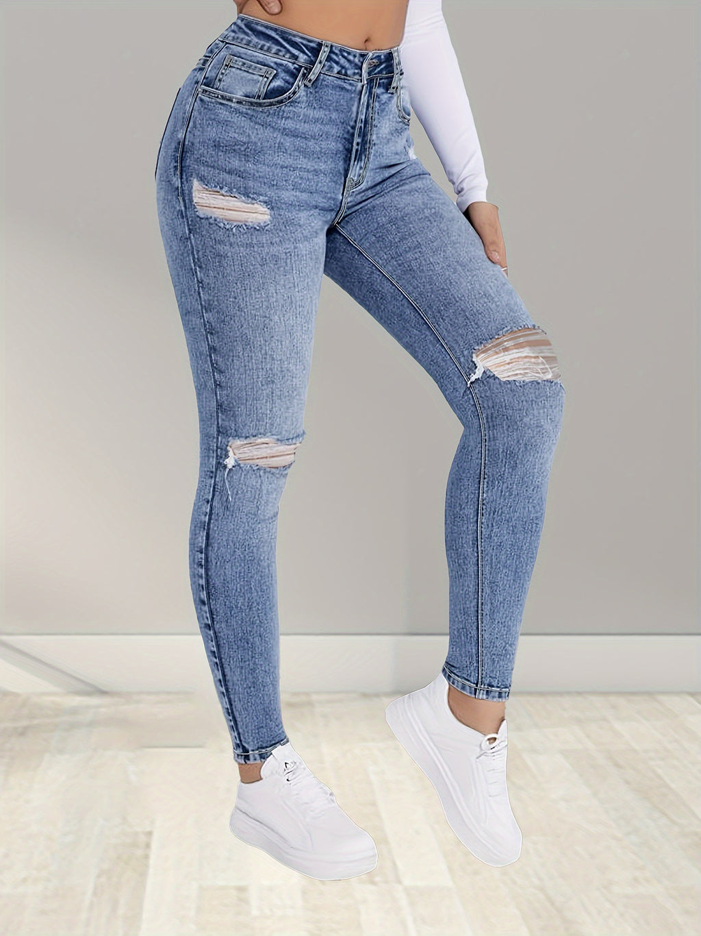 High Waist Elastic Waistband Stretch Jeans Women Classic Fit No Distressing Zip Fly Polyester Blend All Season Denim Pants