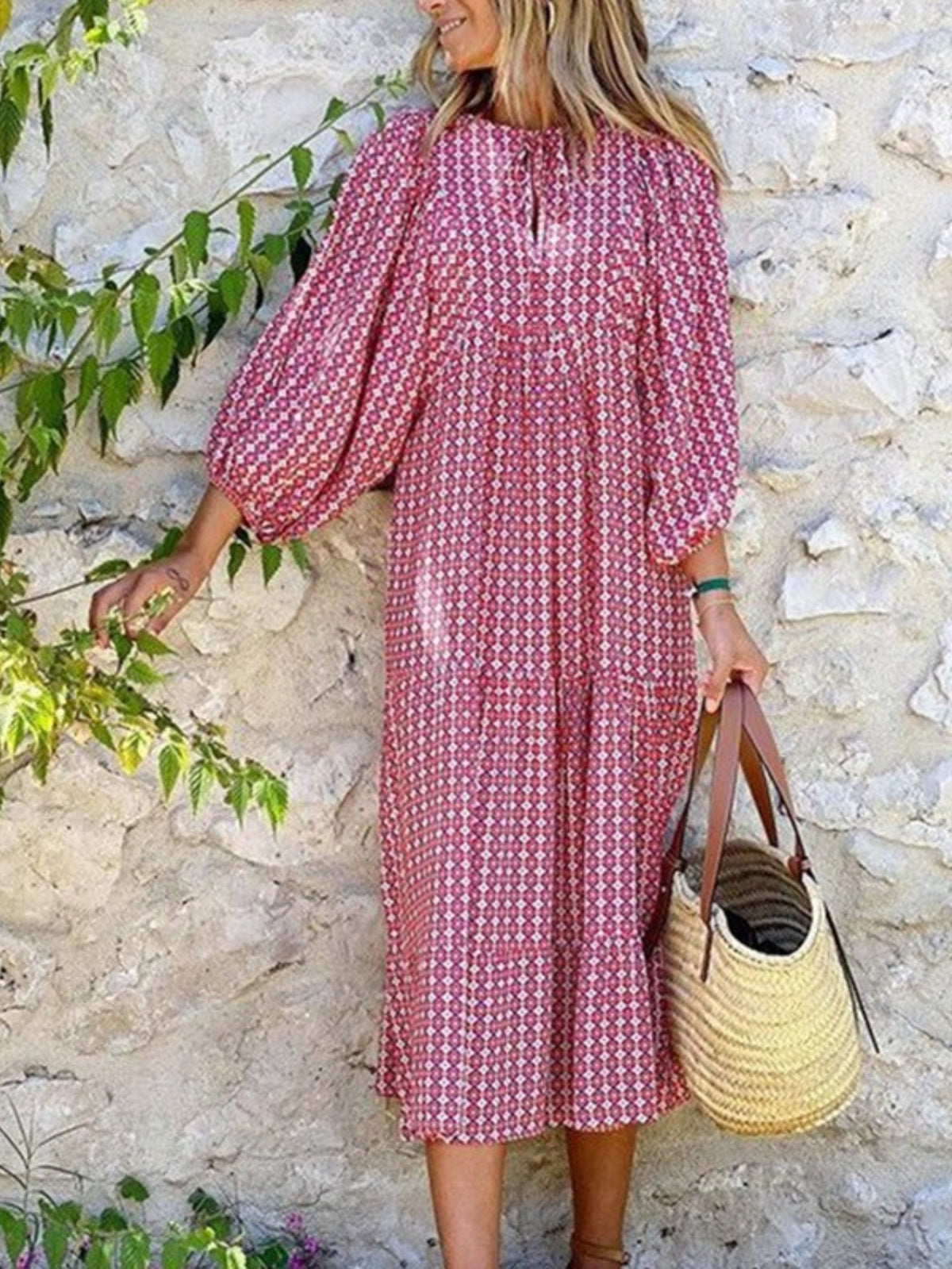 Boho Floral Puff Sleeve Maxi Dress Women V-Neck Lantern Sleeve Loose Long Dress Geometric Floral Print Lightweight Summer Dress S-XXL