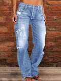 Ripped Flare Wide Leg Jeans Women - Distressed Stretchy Casual Streetwear Denim Pants Light & Dark Blue XS-XXL