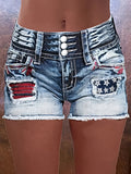 High Elasticity Embroidered Distressed Denim Shorts Women Star Patchwork Raw Hem Stretch Casual Summer Medium Blue Grey