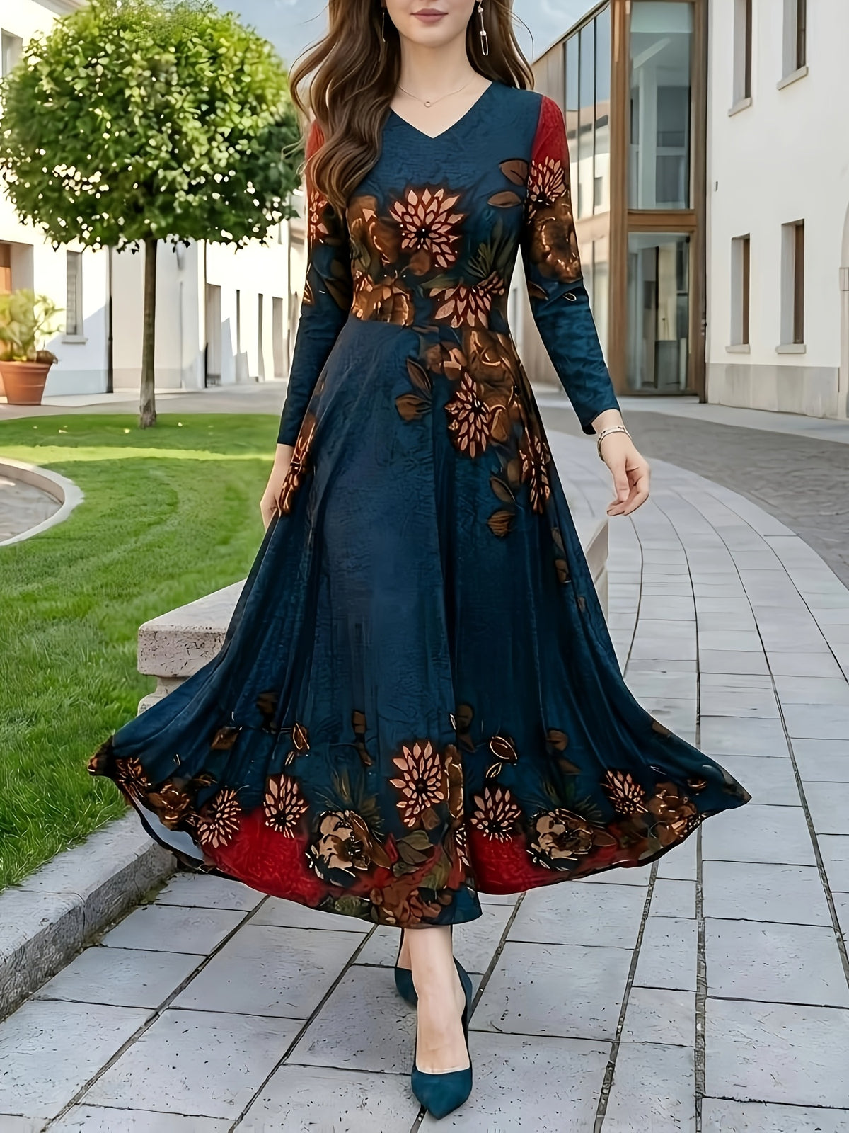 Women's Floral Print V-Neck Maxi Dress A-Line Long Sleeve Spring Autumn Fashion Multicolor S-XXL