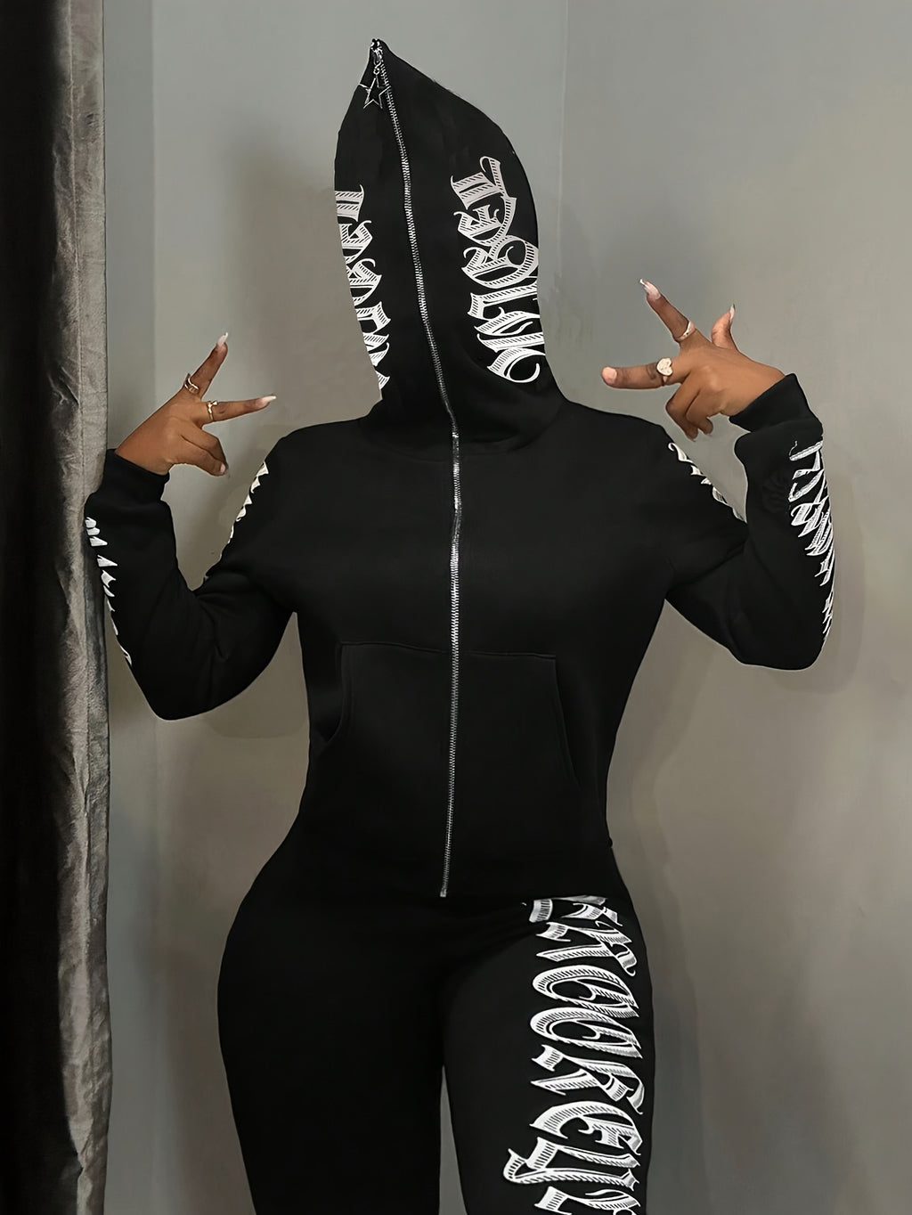 Zip Hoodie Letter Print Tracksuit Set Women Long Sleeve Hooded Casual Sporty Matching Outfit Fall Winter S-XXL