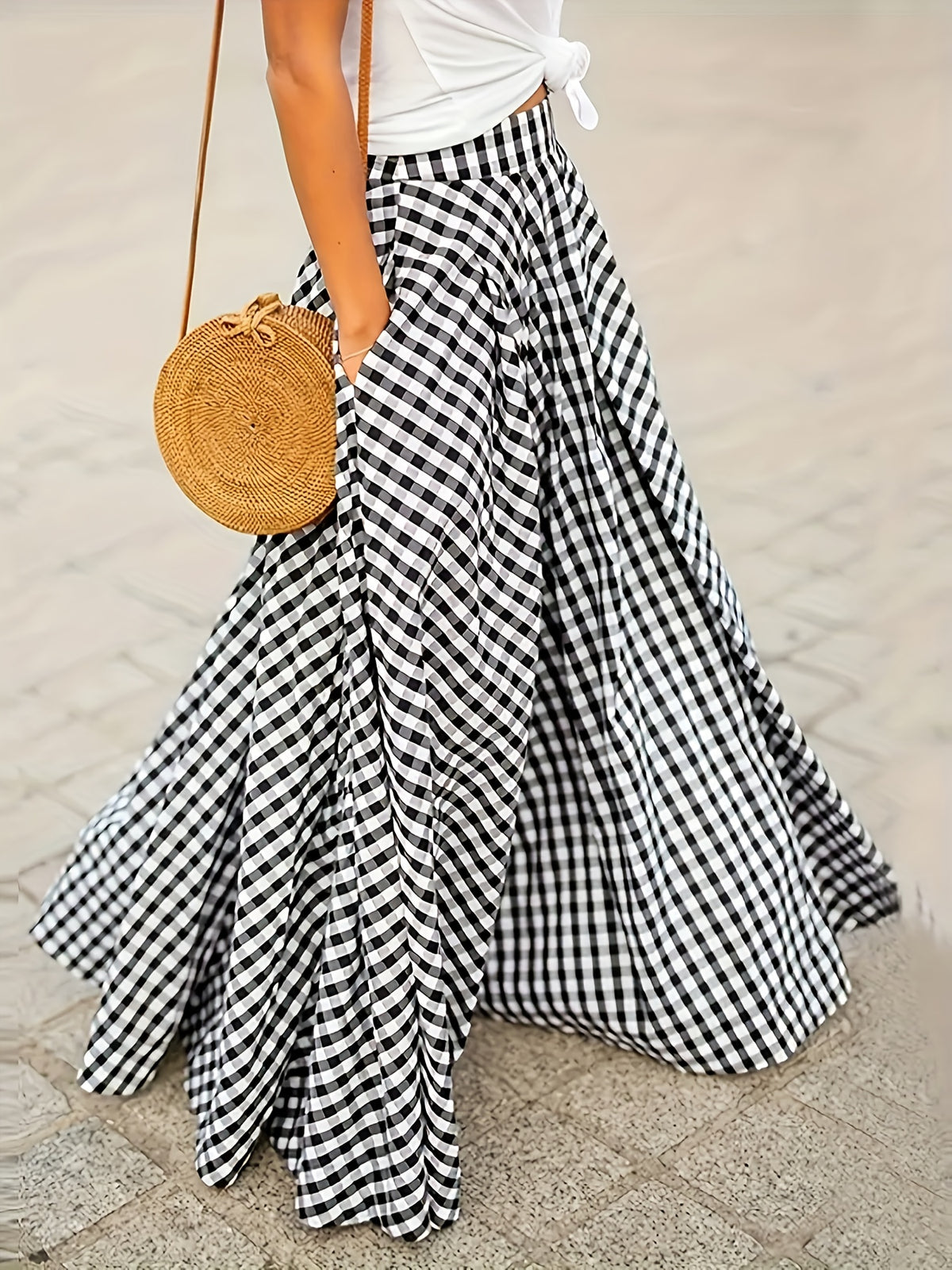Plaid High Waist A-Line Midi Skirt for Women Checkered Woven Opaque Flowing Mid Length Skirt Spring Fall Casual Streetwear Blue White Black White S-XXL