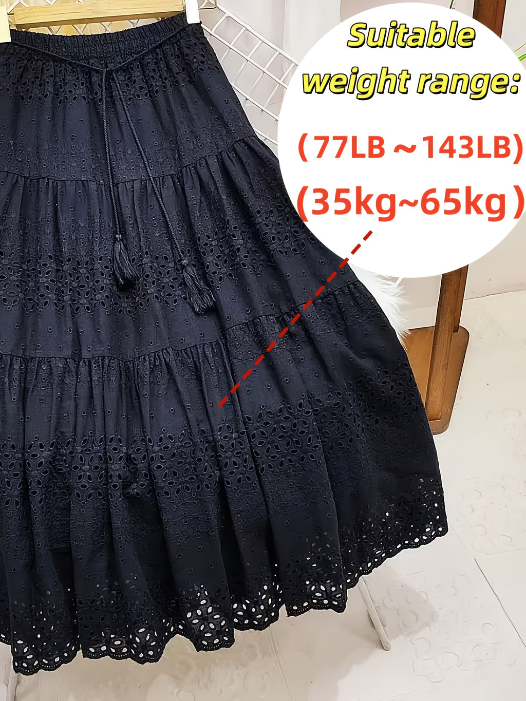 Eyelet Embroidered A-Line Midi Skirt Women Boho Drawstring Elastic Waist Flowy Layered Casual Vacation Dress Green Machine Washable S-XL
