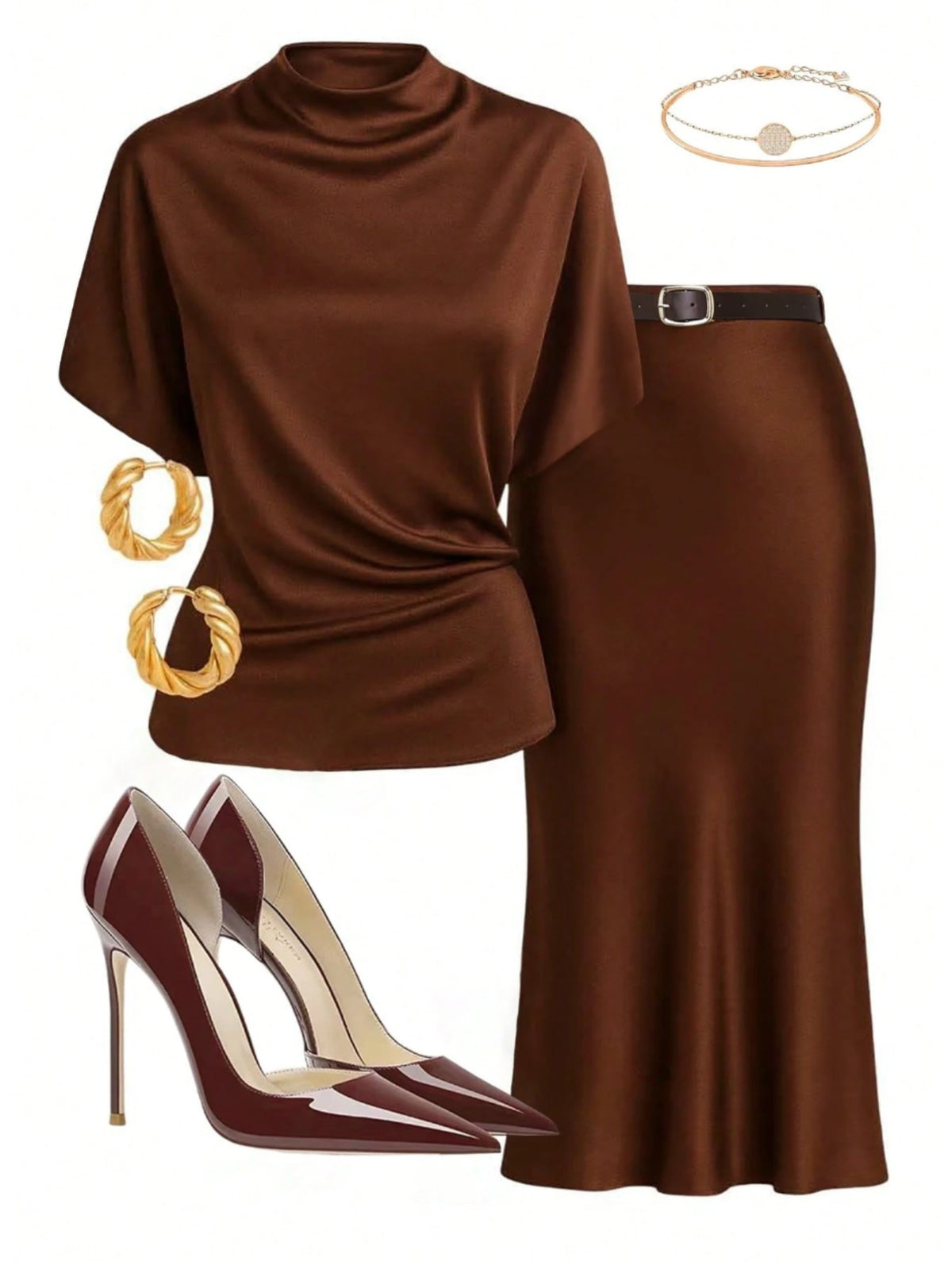 Women 2pcs Set Dark Brown Turtleneck Short Sleeve Twist Top Fishtail Midi Skirt Vintage Relaxed Chic Fall Winter Outfit