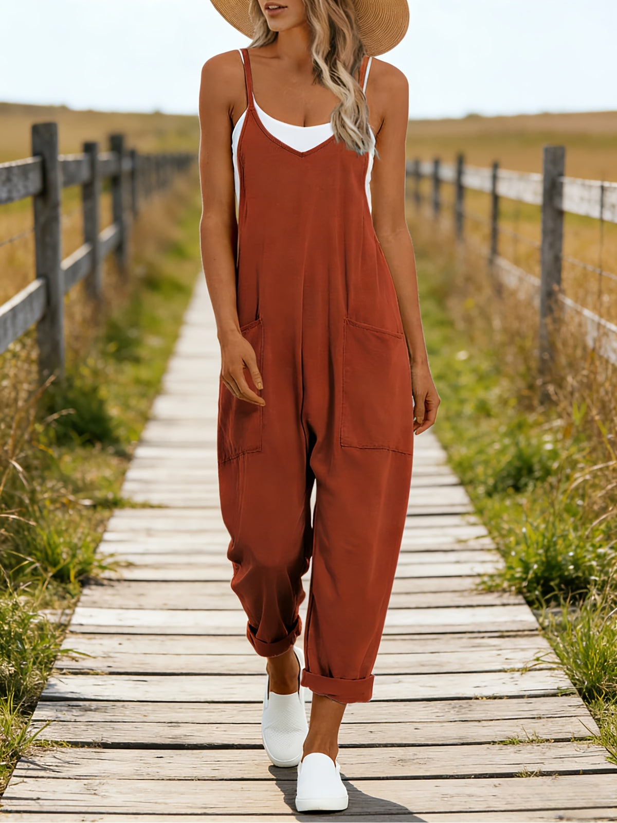 Spaghetti Strap Overalls Jumpsuit Women Solid Color V Neck Loose Fit Pockets Casual Summer Spring Fall Cotton Daily Wear