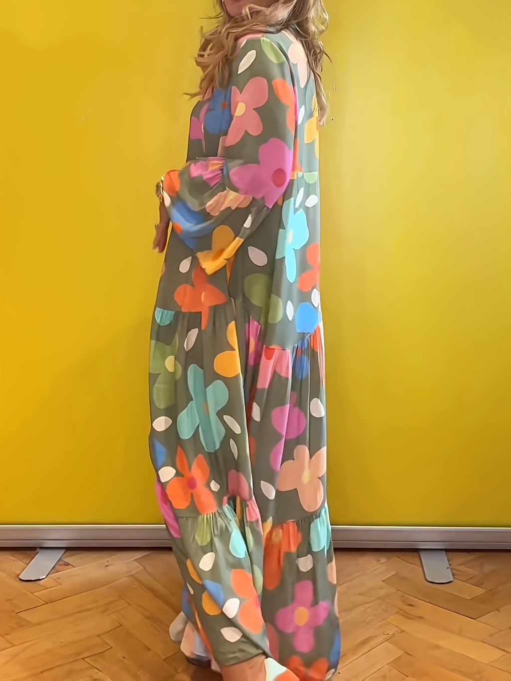 Floral Print Boho Maxi Dress Women V-Neck Layered Tiered Hem 3/4 Ruffle Sleeves Loose Fit Button Closure A-Line Long Dress Spring Summer S-XXL