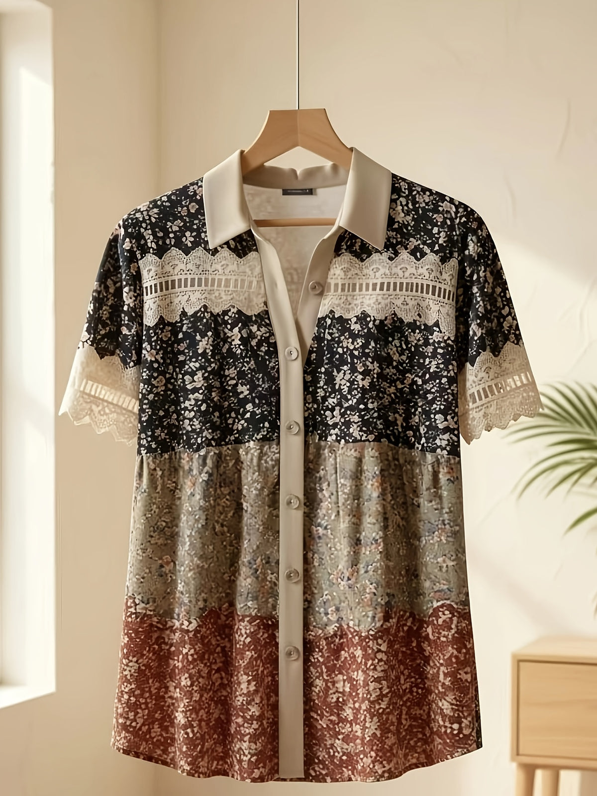 Printed Cardigan Blouse Women Shirt Collar Short Sleeve Casual Regular Fit Daily Commute Campus Dating Top S M L XL XXL