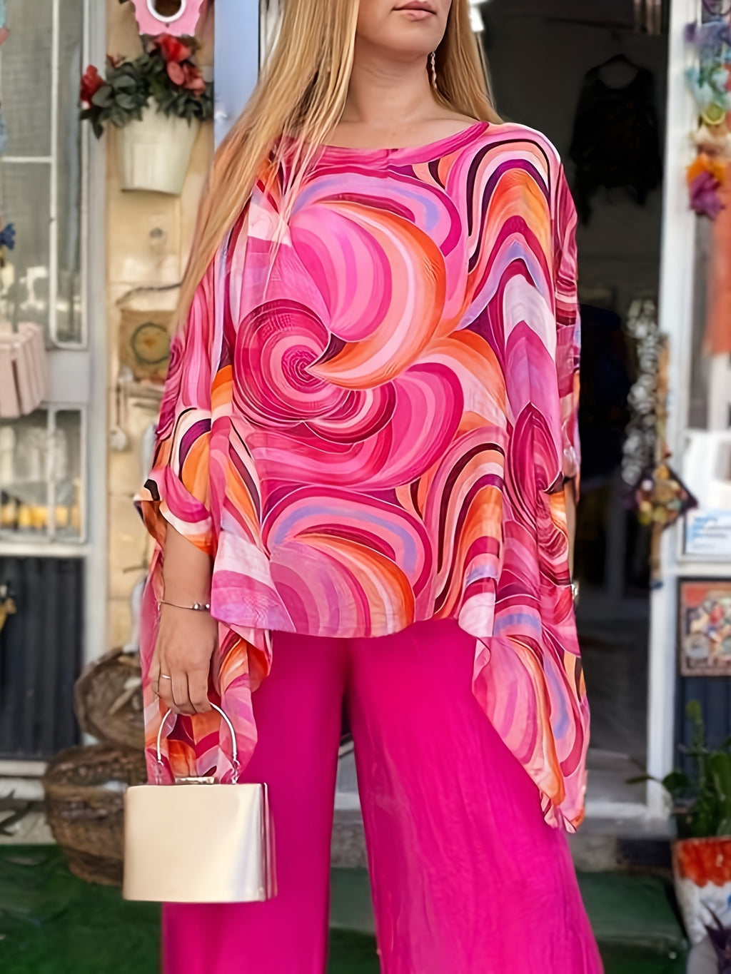 Floral Print Chiffon 2 Piece Set Women Round Neck Top & Pants Summer Casual Vacation Loungewear Daily Wear 5 Colors Matching Outfit