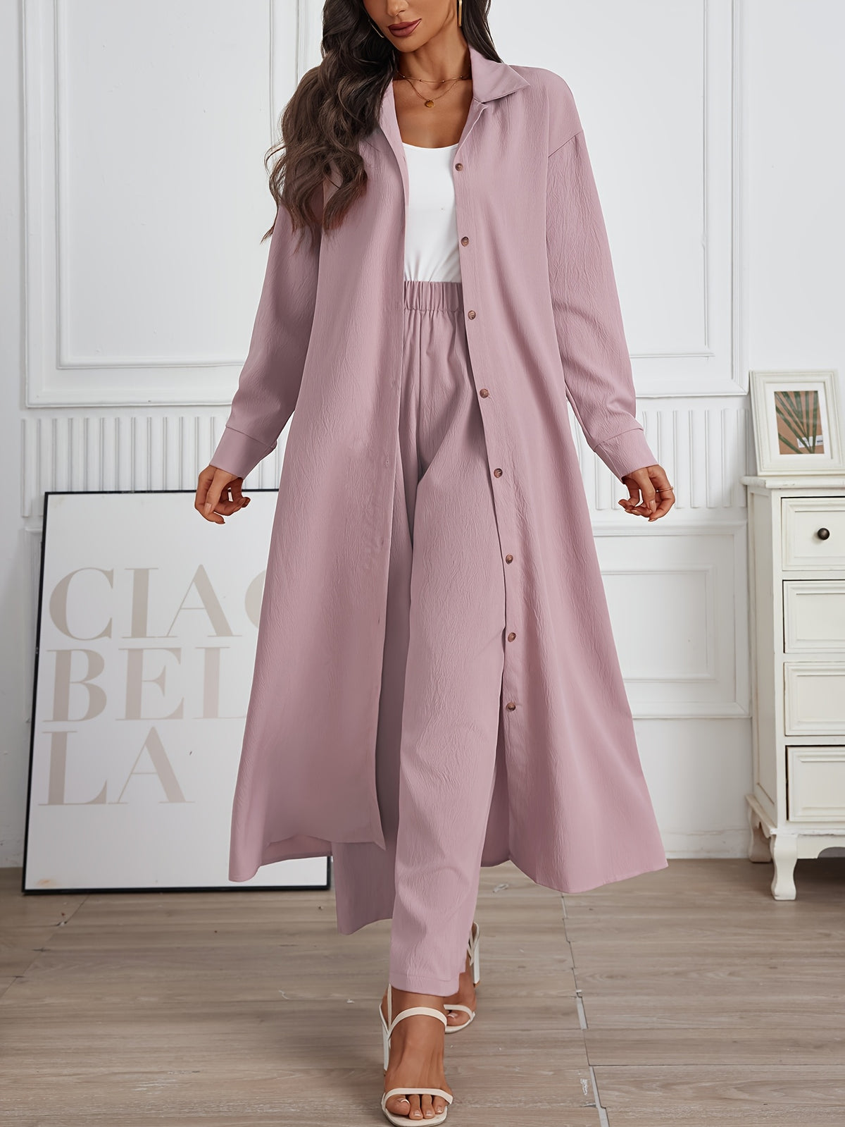 Drop Shoulder Long Shirt Wide Leg Pants 2 Piece Set Women Solid Color Casual Matching Outfit Loose Lounge Streetwear Pink S-XXL