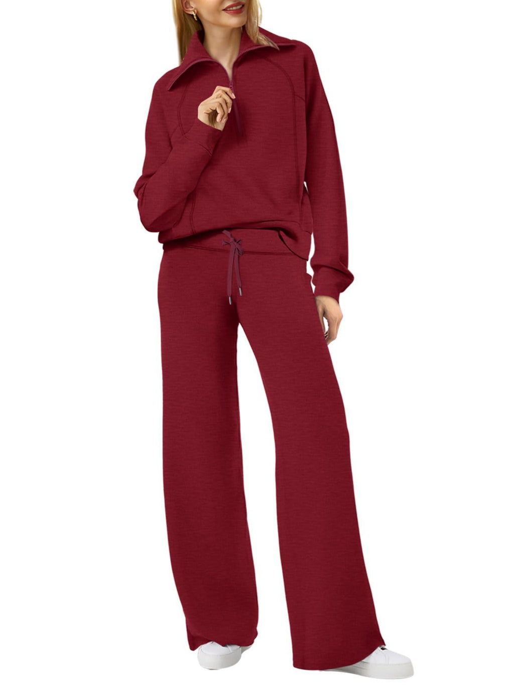 Zipper Sweatshirt Wide-Leg Pants 2 Piece Set Women Casual Tracksuit Outfit for Spring Fall - Loose Fit Jogger Co-ord Set
