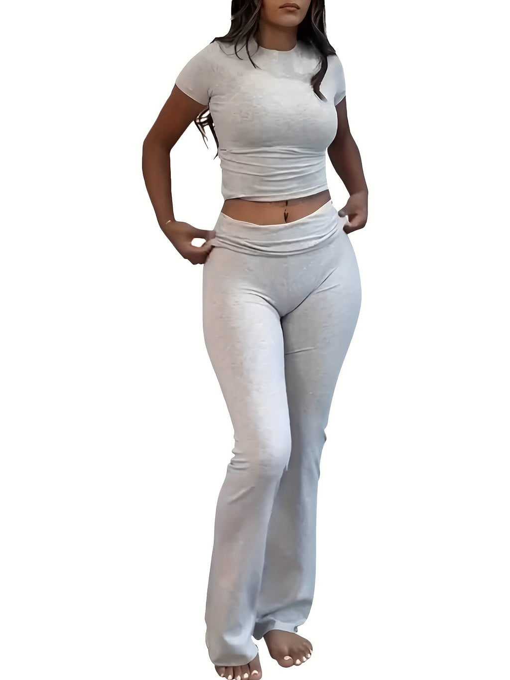 Women's Solid Color 2 Piece Set Short Sleeve Crew Neck T-Shirt & Skinny Flared Leg Pants Casual Matching Outfit