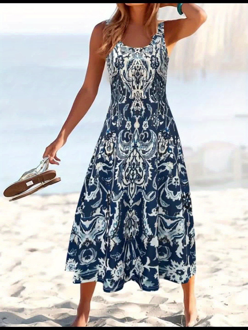 Floral Print Square Neck Midi Dress for Women – Vacation Summer Casual Geometric Pattern Stretchy Dress