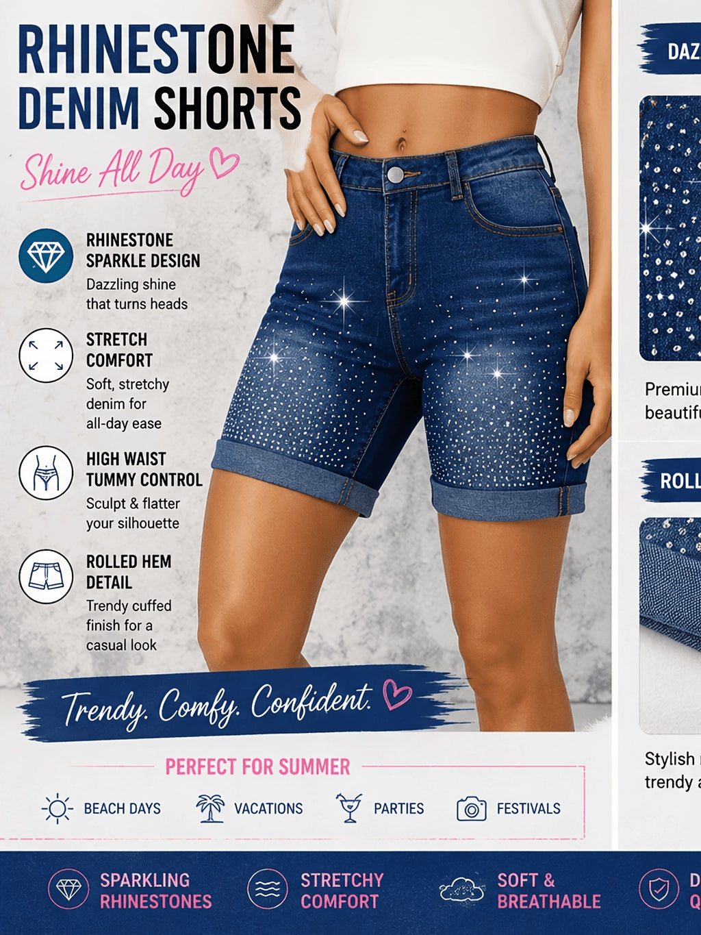 Rhinestone Starry Sky Denim Hot Pants Women Elastic Waist Body Hugging Deep Blue XS S M L XL XXL