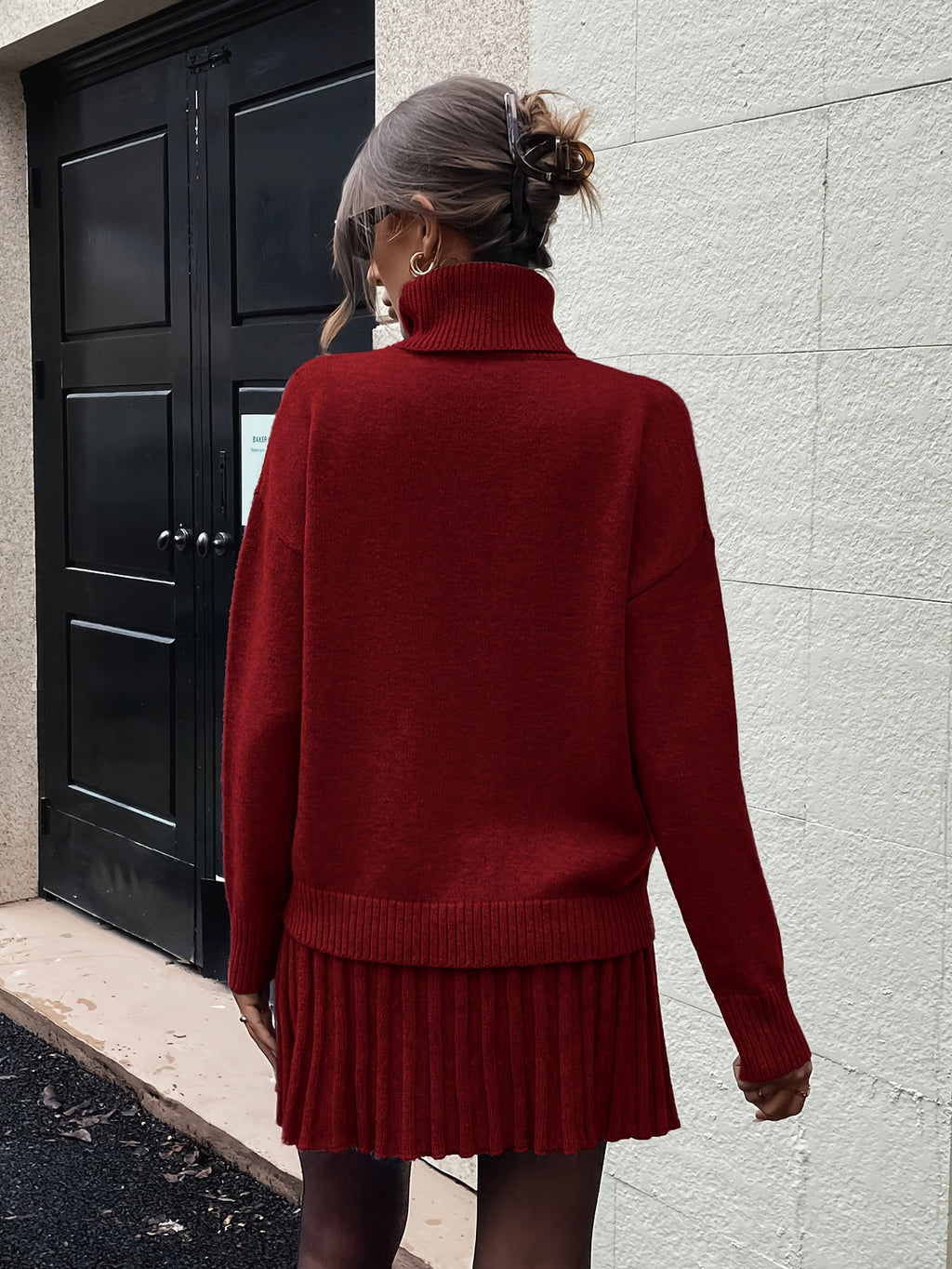 High-Neck Sweater Pleated Skirt Two-Piece Set Women Elegant Drop Shoulder Long Sleeve | Chic Knit Top + Pleated Skirt Co-Ord for Fall Winter Office & Daily Wear