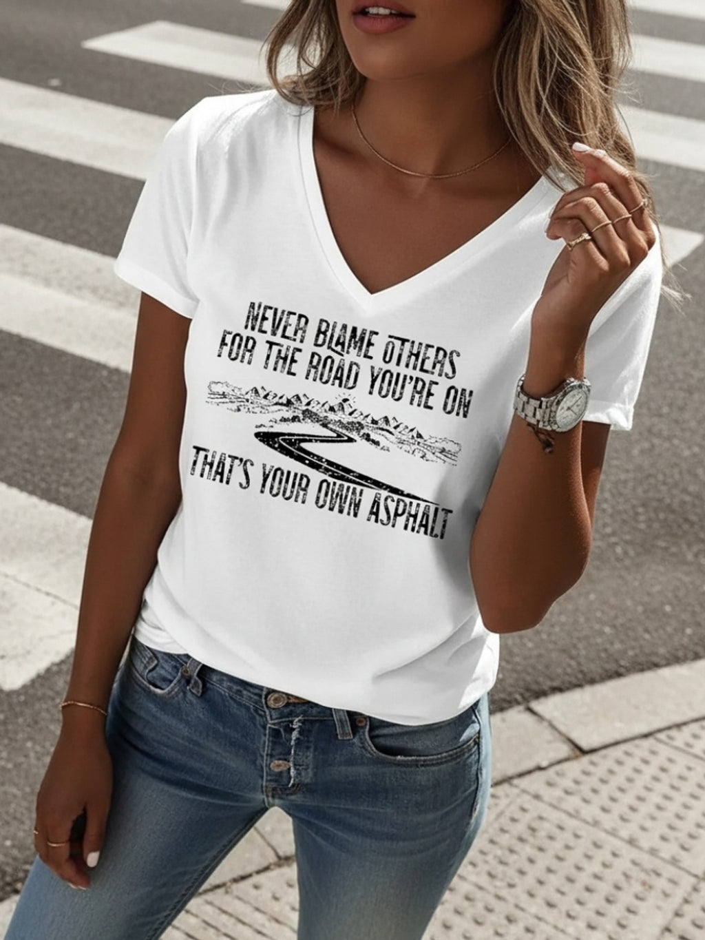 Women's V-Neck Short Sleeve Inspirational Print T-Shirt "Never Blame Others" Casual Breathable Top Multi-Color S-XXL