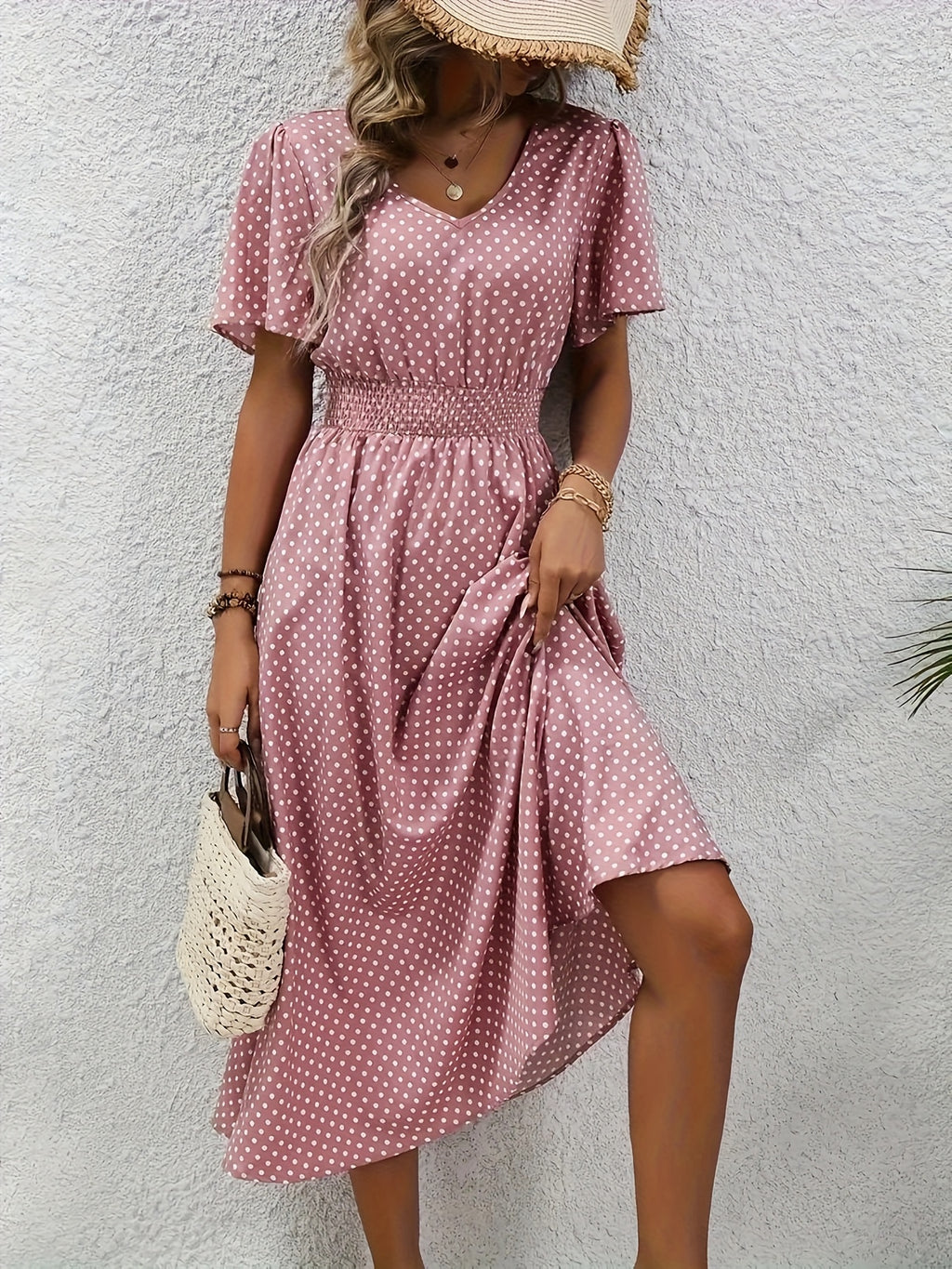 Polka Dot Swing Dress Women V-Neck Ruffled Sleeve Casual Long Dress Waist Enhancing Spring Summer Lightweight Pale Pink Gray Light Blue Green S-XXL