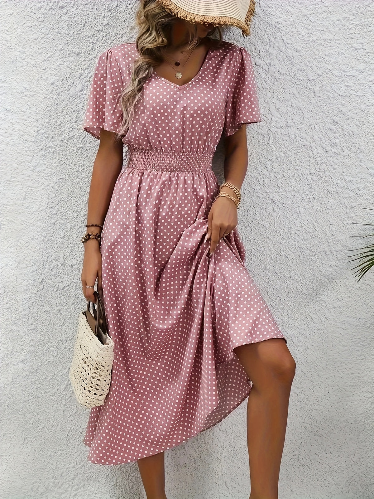 Polka Dot Swing Dress Women V-Neck Ruffled Sleeve Casual Long Dress Waist Enhancing Spring Summer Lightweight Pale Pink Gray Light Blue Green S-XXL