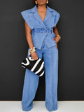 Denim 2pcs Set Women Sleeveless Blazer Vest & Wide-Leg Pants Belted Waist Lapel Collar Blue Casual Chic Office Weekend S-XXL