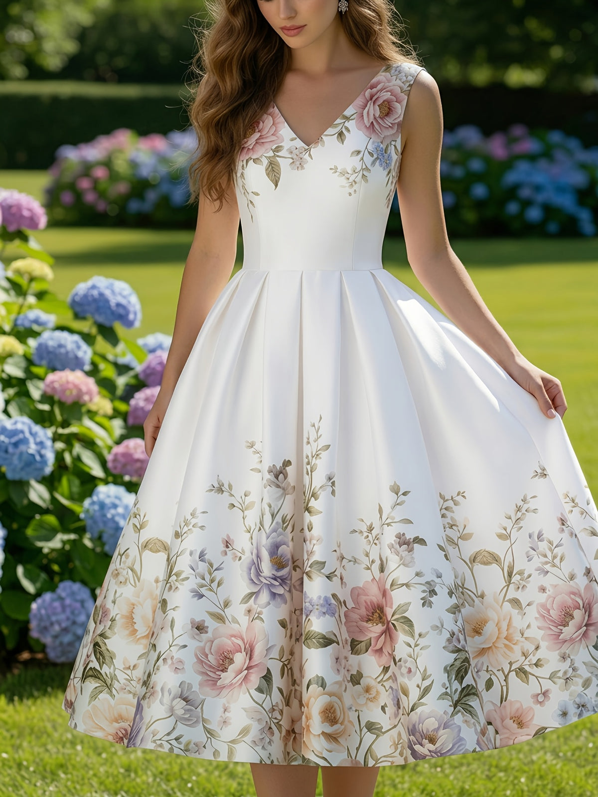 Printed Sleeveless V-Neck Dress Women Waist-Cinching Flared Skirt Elegant Spring Summer Casual Dress for Garden Party Date